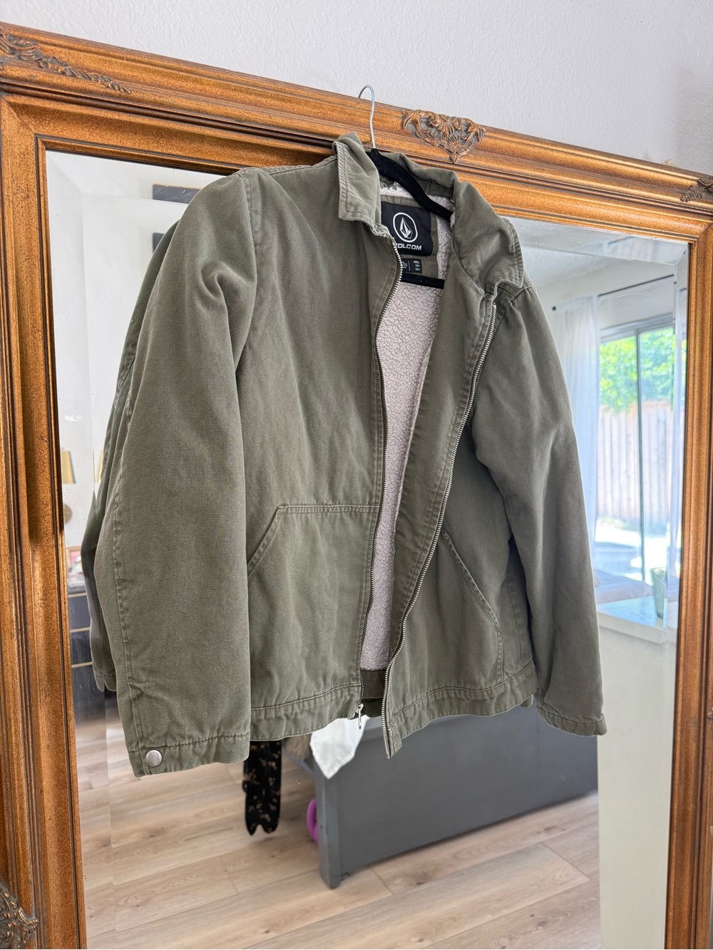 Volcom Olive Green Military Field Jacket with Sherpa Lining